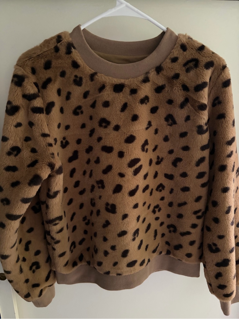 Leopard Print Faux Fur Pullover Sweatshirt- Brown